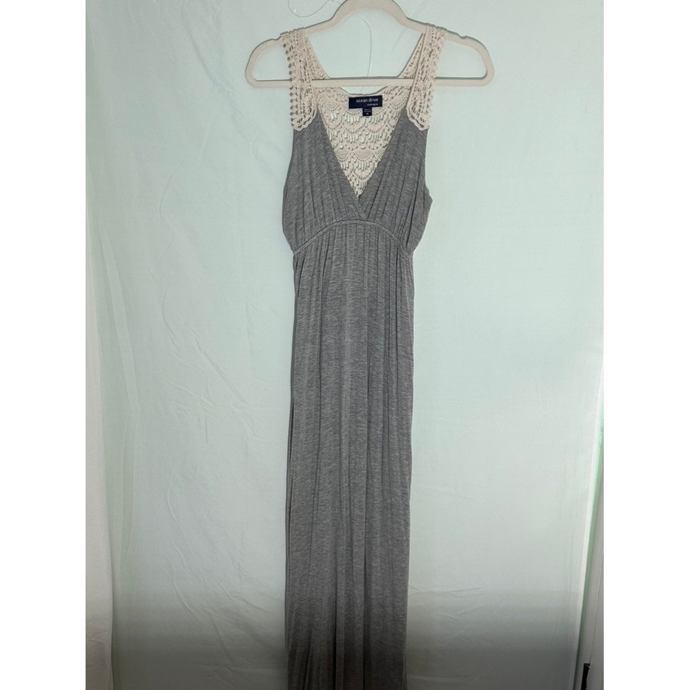 Ocean‎ Drive Gray Crochet V-Neck Maxi Dress Beach Vacation Casual Medium